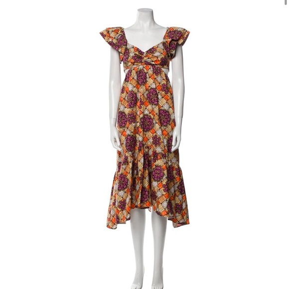 Autumn Adeigbo Chioma Floral Cutout Midi Dress Purple Orange Tiered Ruffle Dress - Picture 11 of 14
